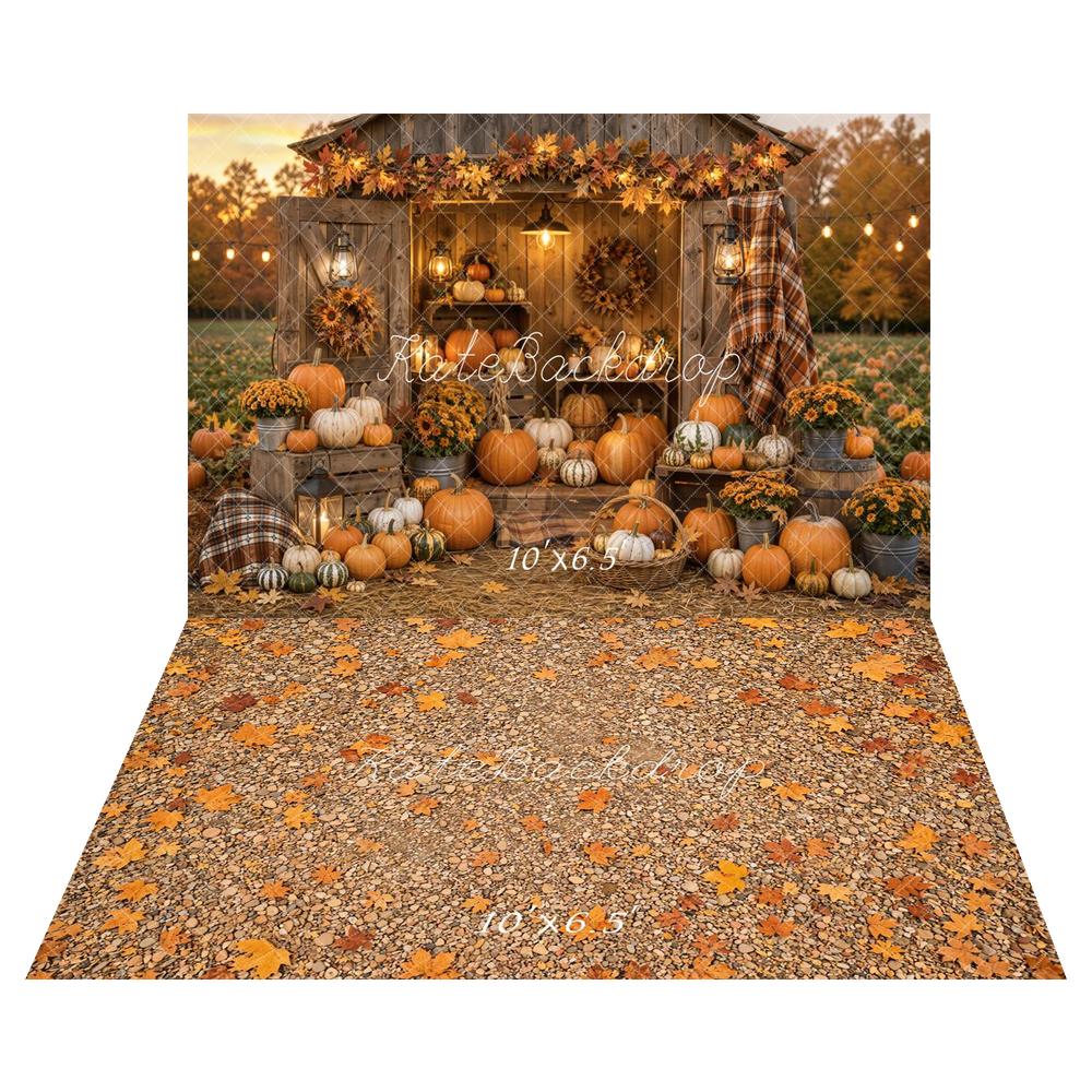 Kate Fall Pumpkin Market Sunflower Lantern Harvest Printed Backdrop+Fall Pebble Maple Leaves Floor Printed Backdrop