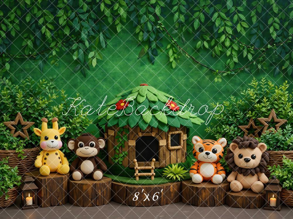 Kate Jungle Animals Hut Tree Stumps Greenery Printed Backdrop Designed by Mini MakeBelieve
