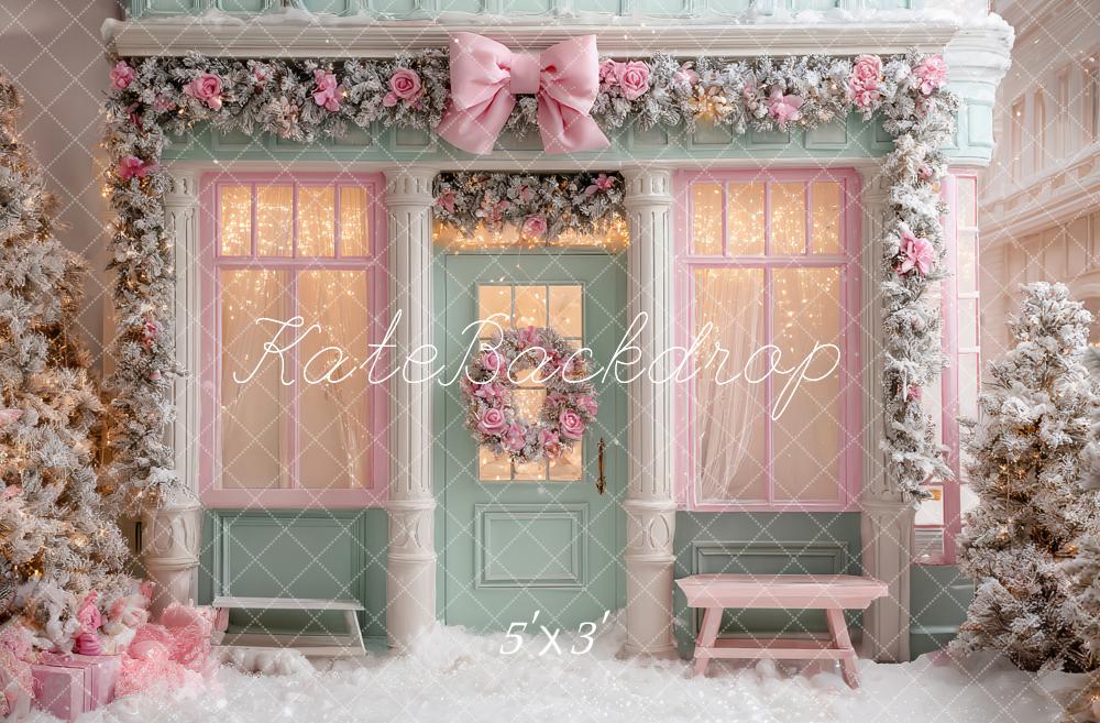Kate Christmas Pink Shop Front Floral Garland Bow Snow Backdrop Designed by Ashley Paul