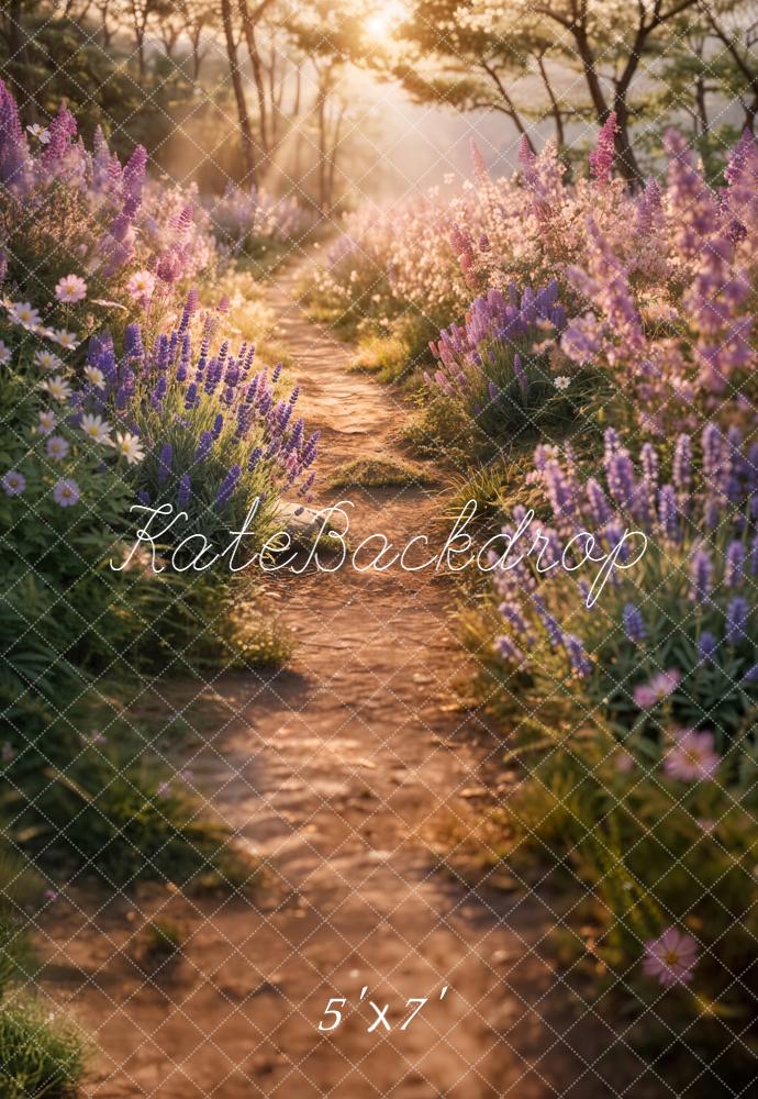 Kate Summer Sunlit Forest Path Lavender Floral Printed Backdrop Designed by Emetselch