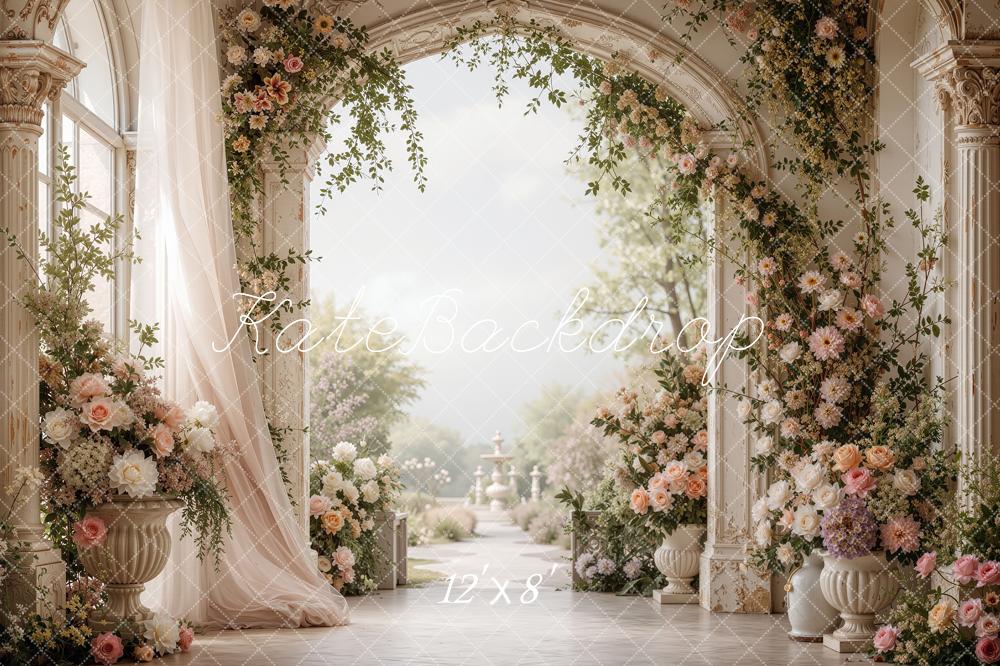 Kate Spring Flower Arch Palace Garden White Curtains Printed Backdrop Designed by Shutter Swan Studios