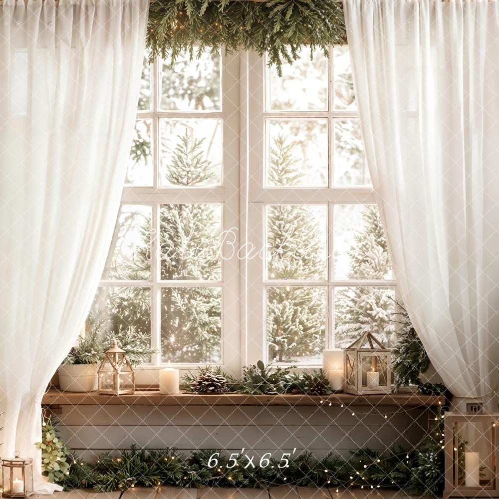 Kate Christmas Winter White Window Pine Trees Lanterns Backdrop Designed by Emetselch