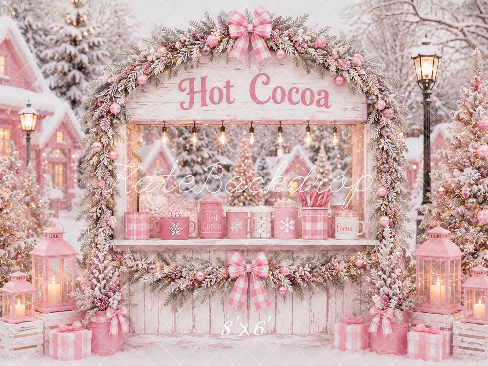 Kate Christmas Pink Hot Cocoa Stand Snowy Village Printed Backdrop Designed by Ashley Paul