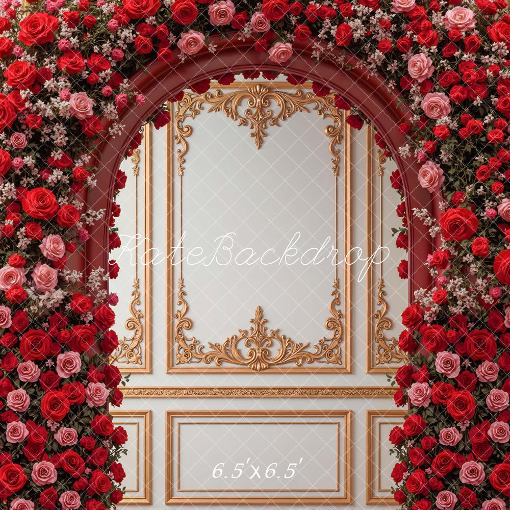 Kate Valentines Flower Arch Red Roses Gold Ornate Wall Backdrop Designed by Mini MakeBelieve