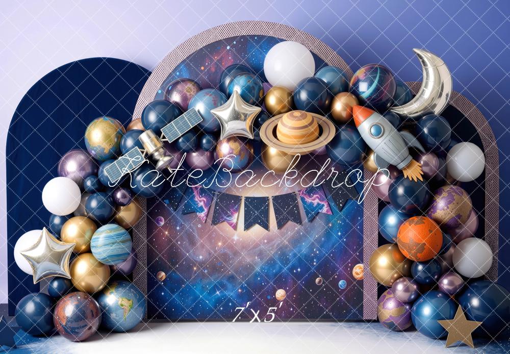 Kate Birthday Space Balloon Arch Planets Rocket Moon Printed Backdrop Designed by Mini MakeBelieve