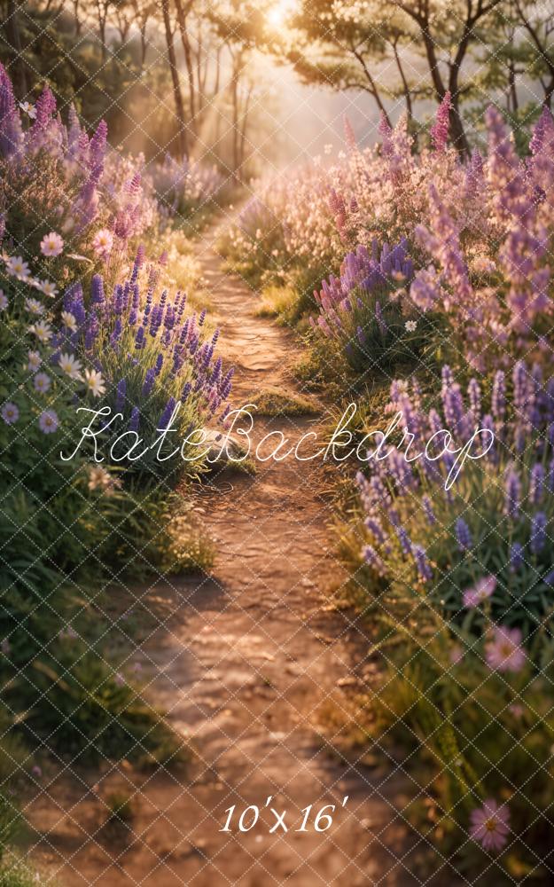 Kate Summer Sunlit Forest Path Lavender Floral Printed Backdrop Designed by Emetselch