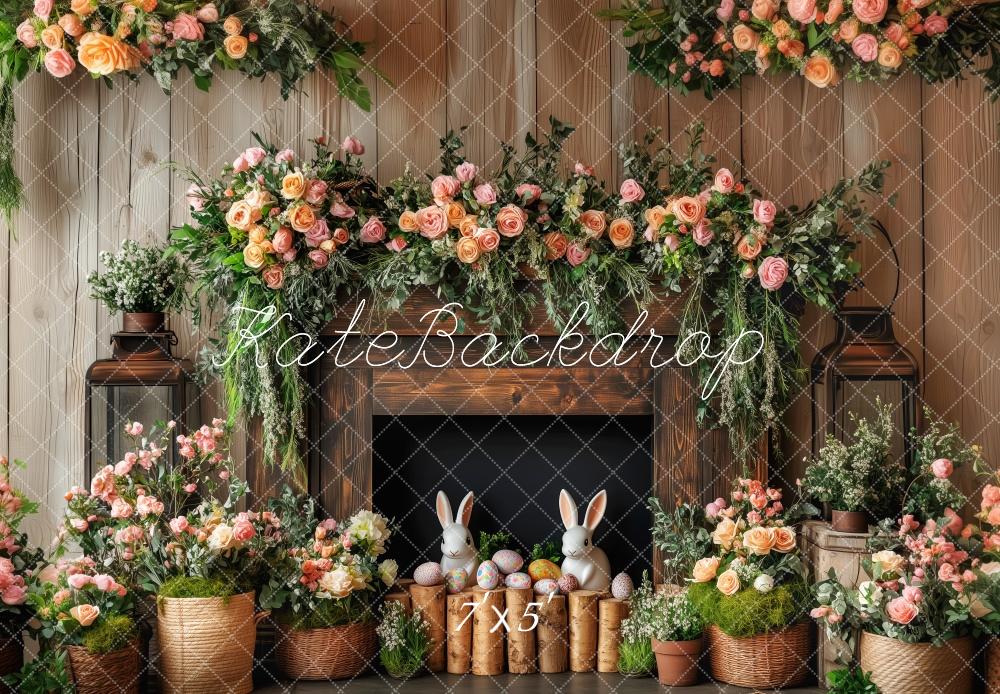 Fondo de madera de chimenea floral de conejito de pascua diseñado por Patty Roberts
