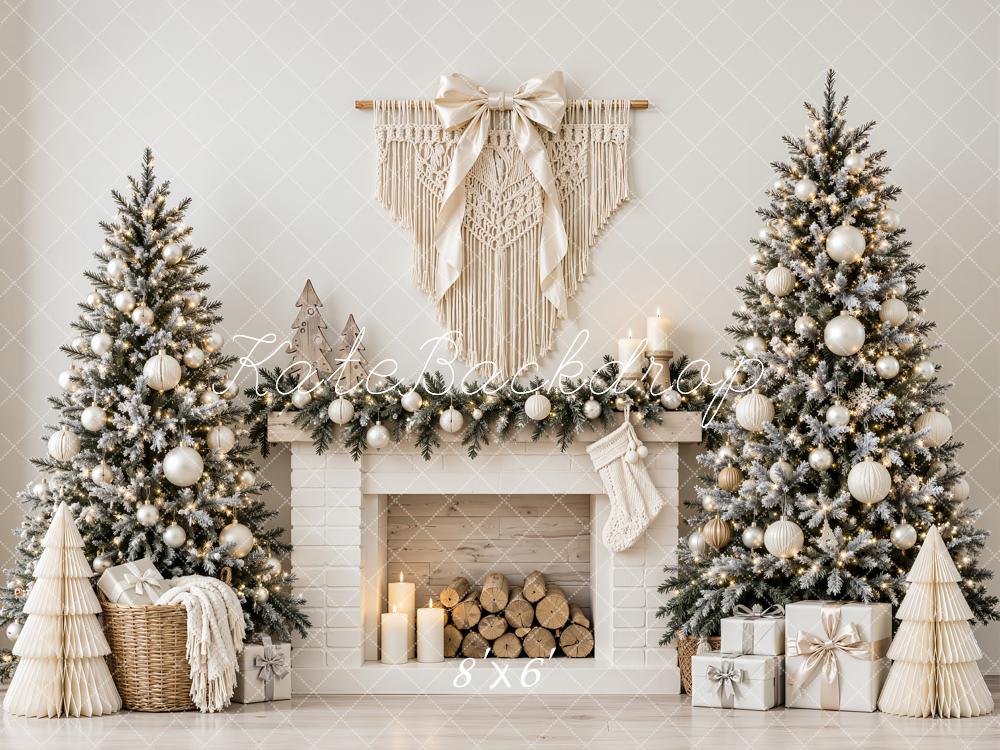 Kate Christmas Boho White Fireplace Trees Macrame Printed Backdrop Designed by Emetselch