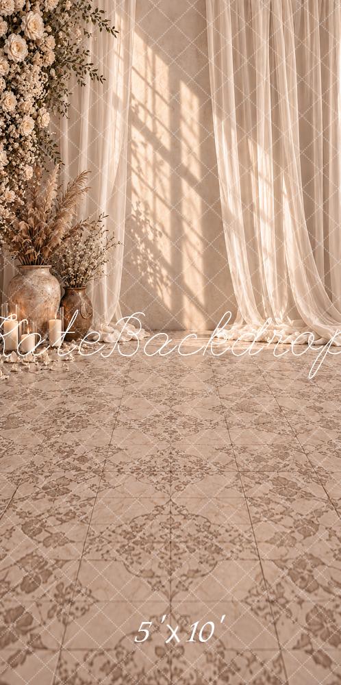Kate Sweep Wedding Beige Floral Drapes Tile Floor Printed Backdrop Designed by Vertigo Productions