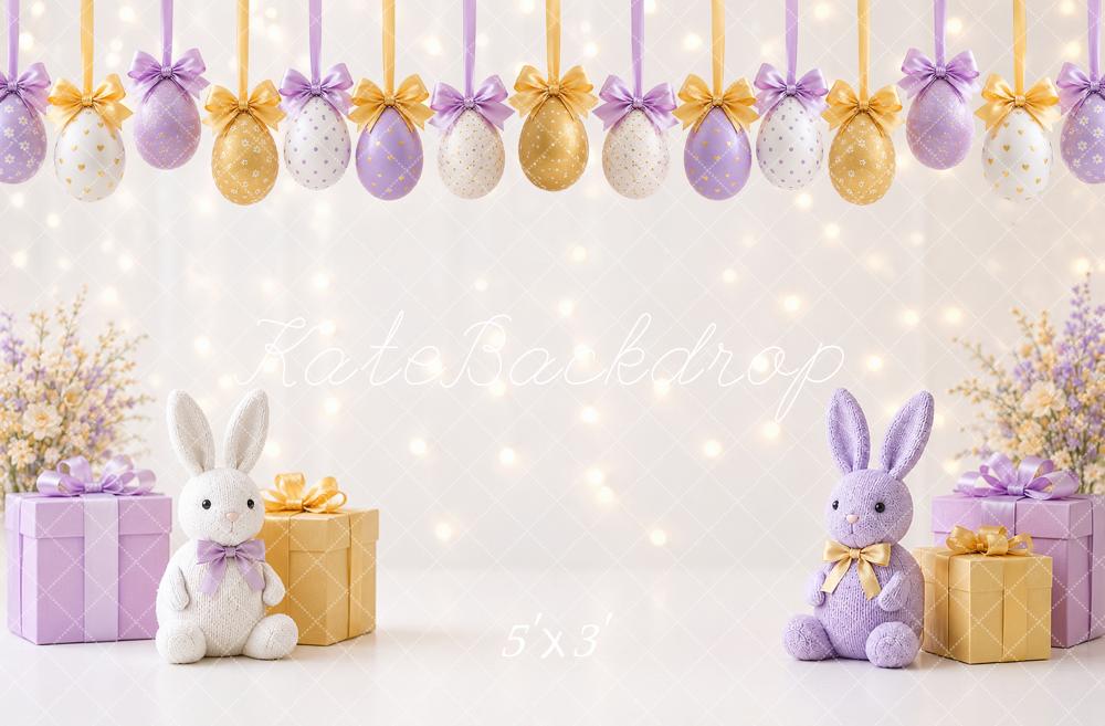 Kate Easter Bunny Purple Gold Eggs Gifts Flowers Printed Backdrop Designed by Angela Miller