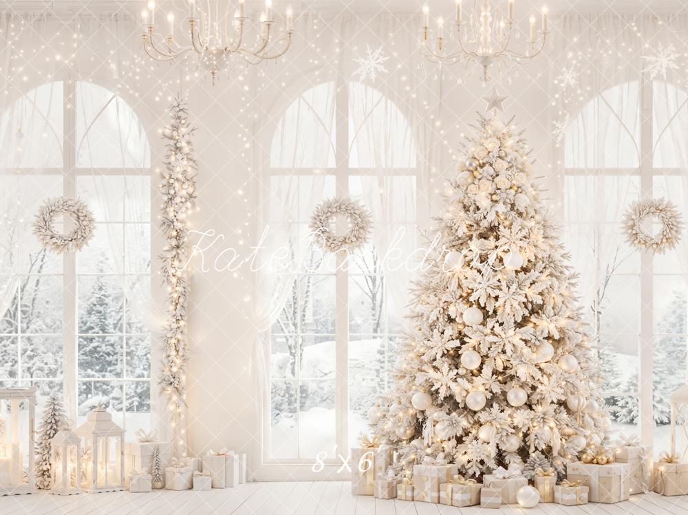 Kate White Christmas Tree Gifts Windows Wreath Lantern Printed Backdrop Designed by Emetselch