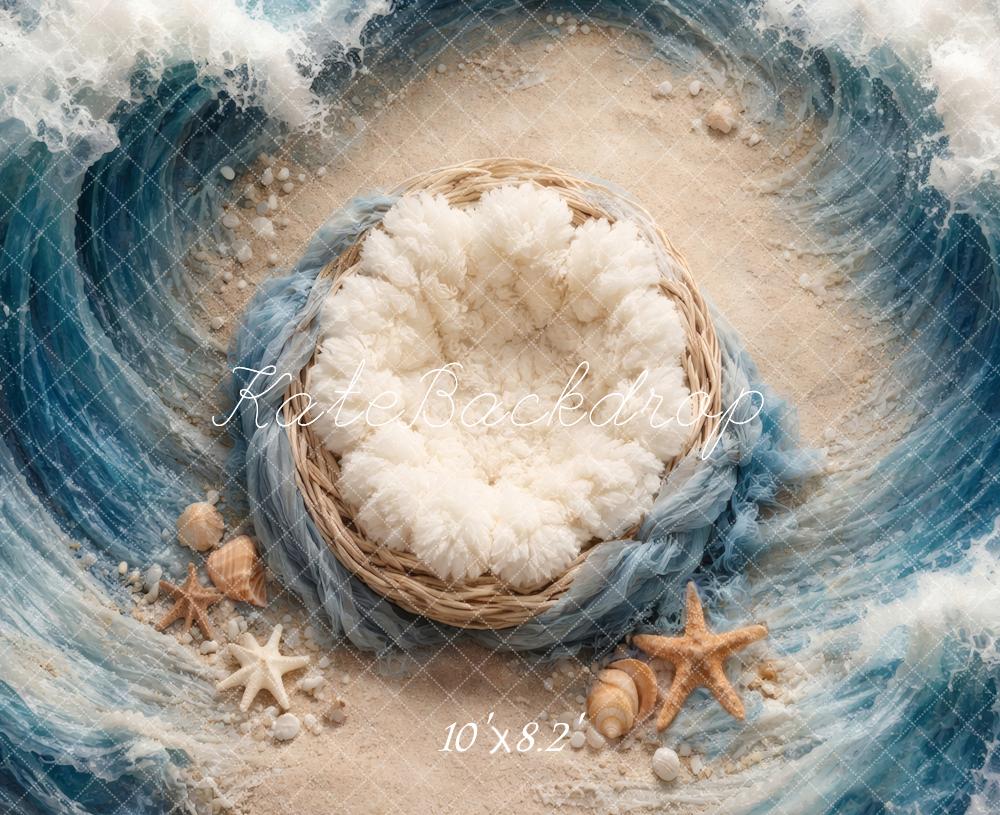 Kate Newborn Beach Ocean Waves Nest Seashells Floor Printed Backdrop Designed by Vertigo Productions