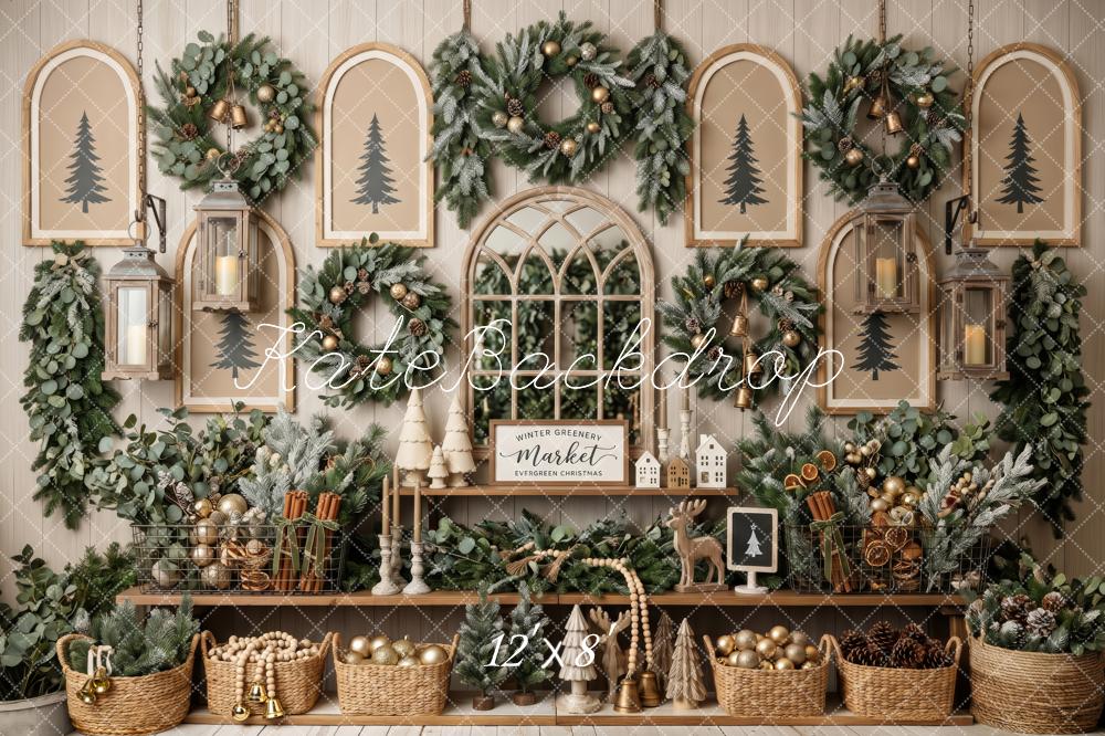 Kate Christmas Greenery Wreaths Lanterns Rustic Market Printed Backdrop Designed by Patty Roberts