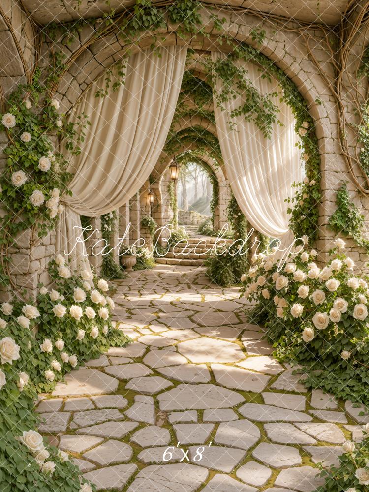 Kate Spring Stone Archway White Roses Cascading Stairs Printed Backdrop Designed by Emetselch