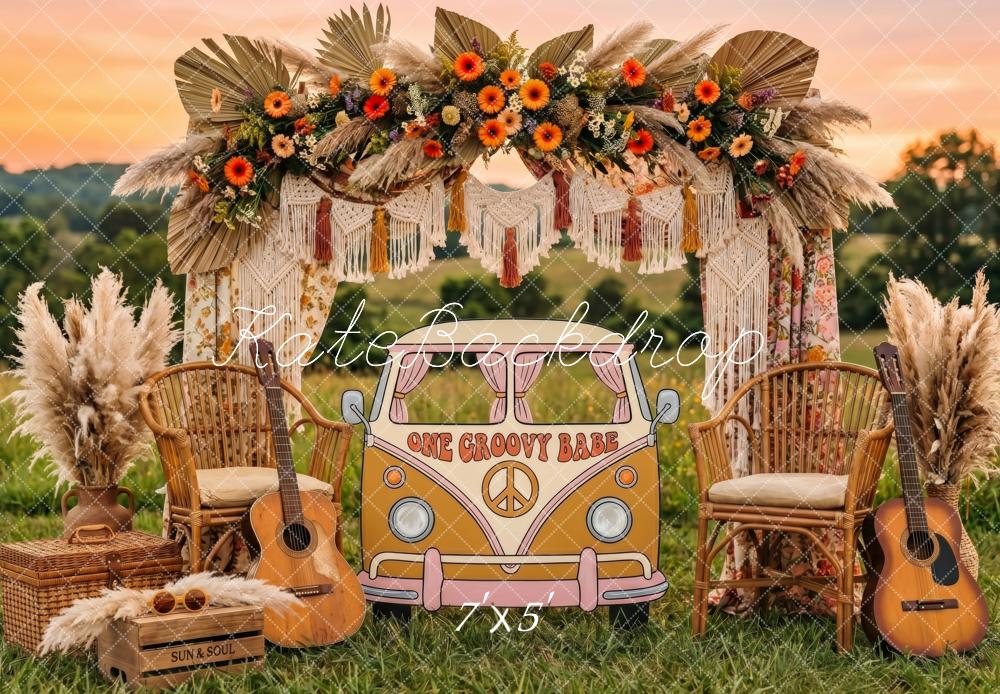 Kate Boho Flower Arch Groovy Truck Field Guitar Printed Backdrop Designed by Patty Roberts