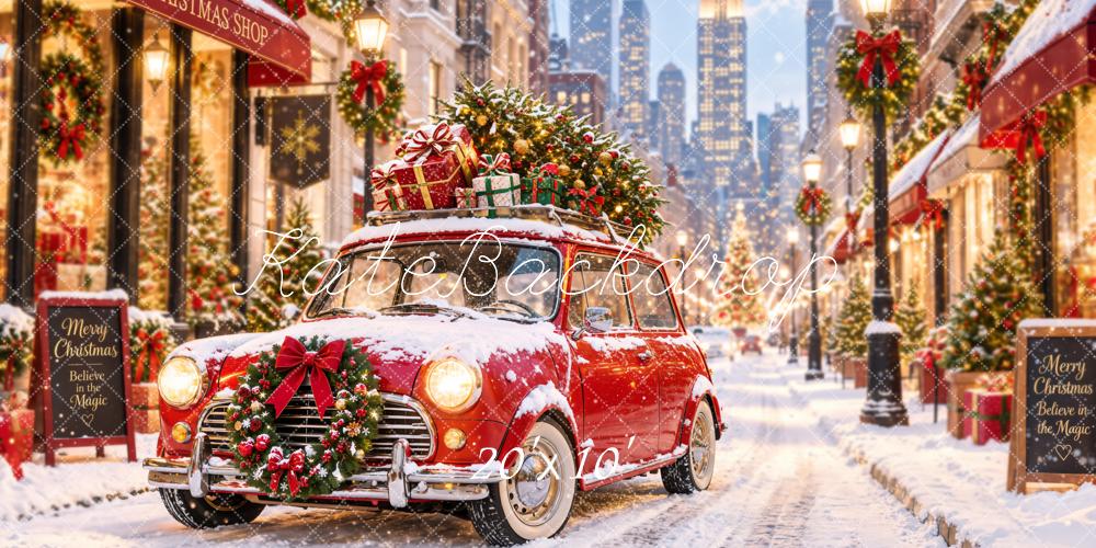 Kate Christmas Snowy City Street Red Car Shop Printed Backdrop Designed by Emetselch
