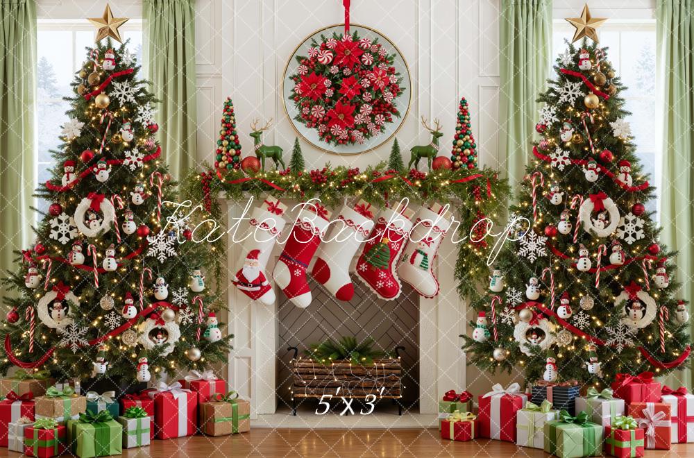Kate Christmas Trees Snowman Fireplace Stockings Gifts Wreath Printed Backdrop Designed by Mini MakeBelieve