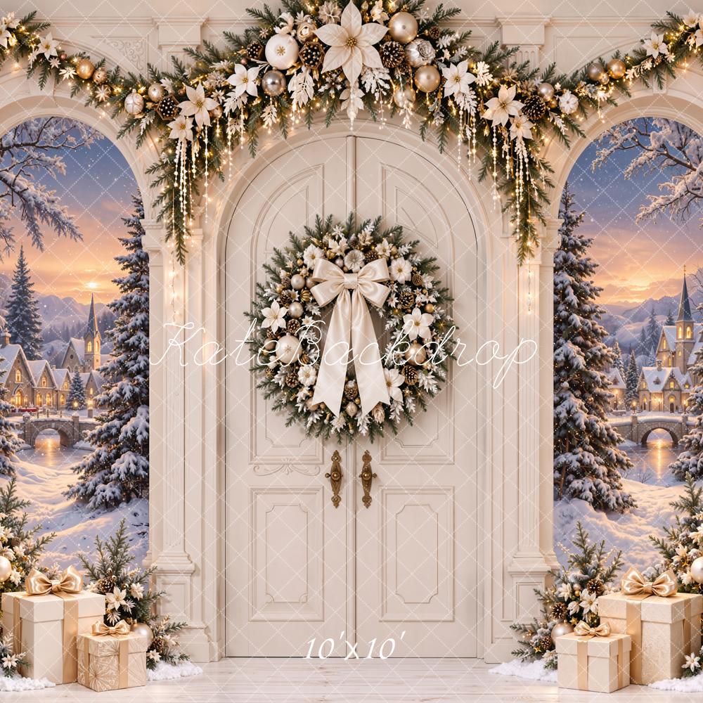 Kate Christmas Arch Door Snowy Village Wreath Trees Printed Backdrop Designed by Emetselch