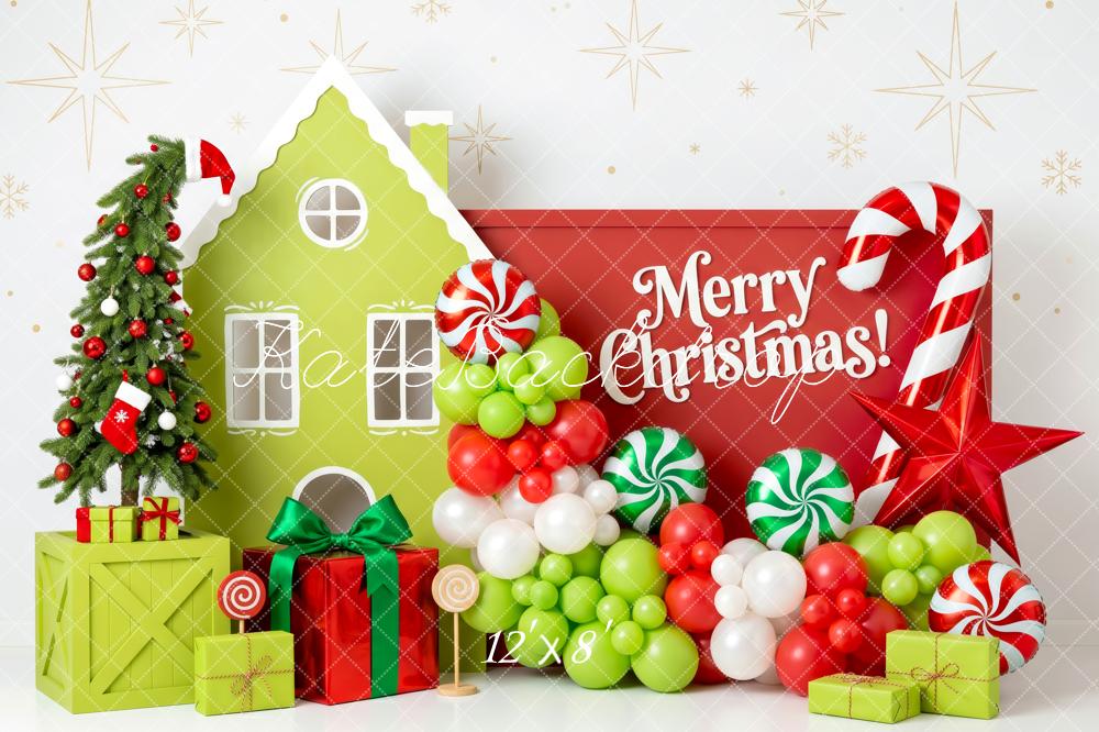 Kate Christmas Whimstical Candy House Green Red Balloons Tree Presents Printed Backdrop Designed by Patty Roberts