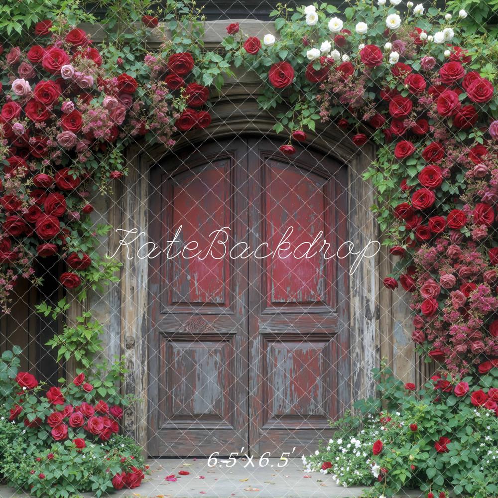 Kate Spring Flower Arch Red Roses Wooden Door Backdrop Designed by Mini MakeBelieve