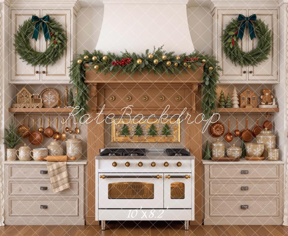 Kate Christmas Kitchen Cabinet Rustic Stove Garland Wreath Printed Backdrop Designed by Mini MakeBelieve