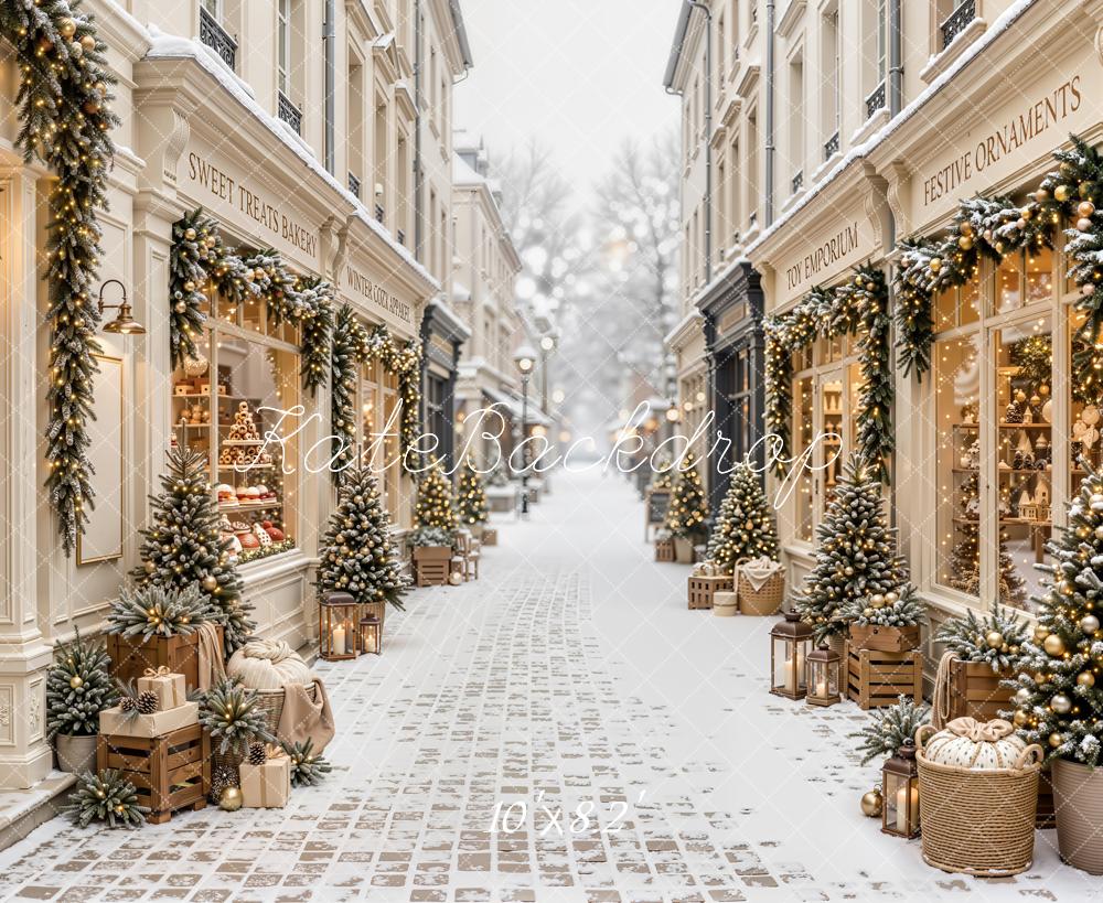 Kate Christmas Shop Snowy Street Garlands Presents Printed Backdrop Designed by Emetselch