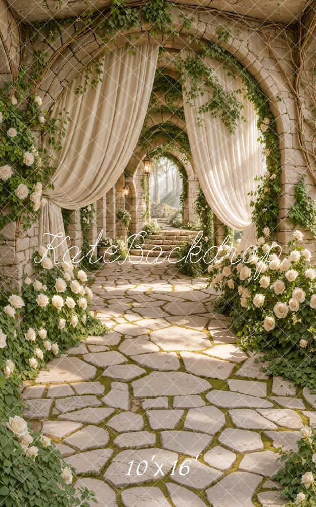 Kate Sweep Spring Stone Archway White Roses Draped Curtains Cascading Stairs Backdrop Designed by Emetselch
