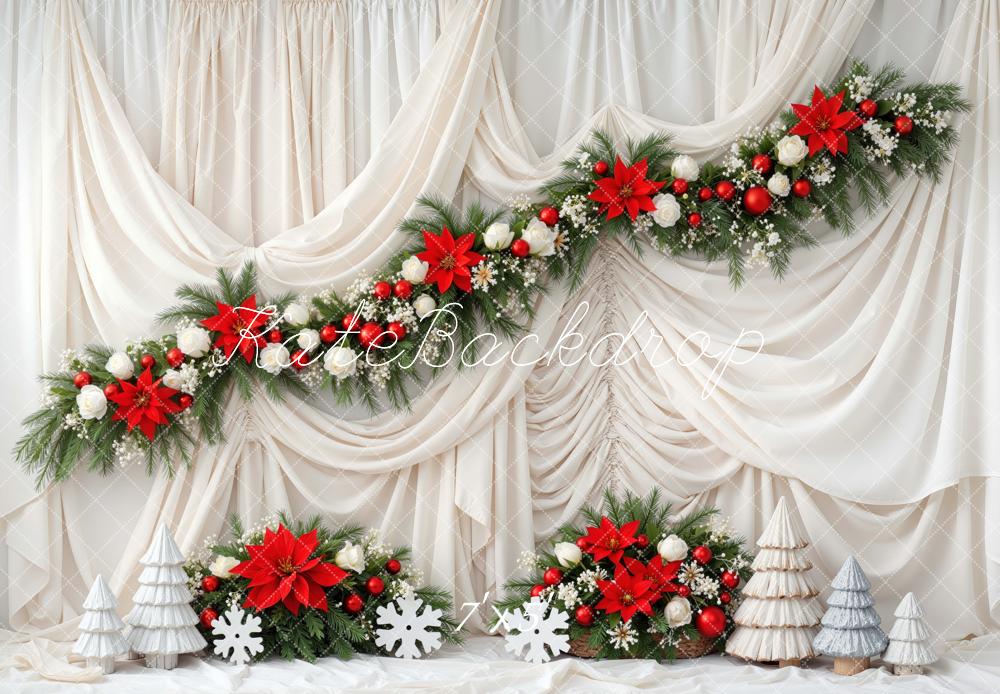 Kate Christmas Red Poinsettia Garland Cream Drapes Printed Backdrop Designed by Mini MakeBelieve