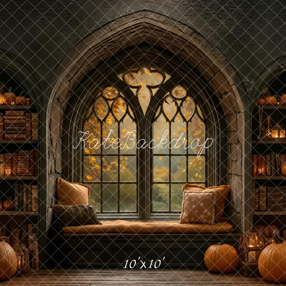 Kate Halloween Gothic Window Pumpkin Bookshelves Backdrop Designed by Emetselch