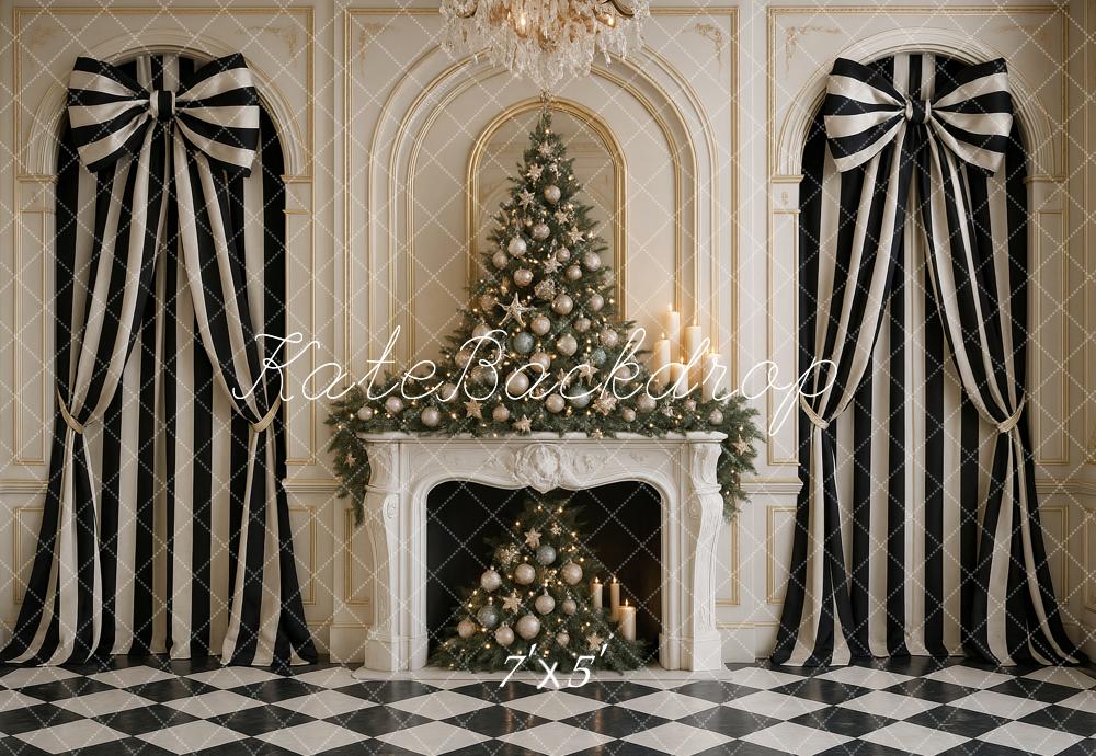 Kate Christmas Chic Black White Striped Bow Curtains Fireplace Backdrop Designed by Ashley Paul