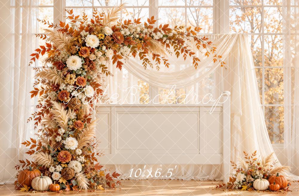 Kate Fall Wedding Flower Arch Pumpkins Printed Backdrop Designed by Emetselch
