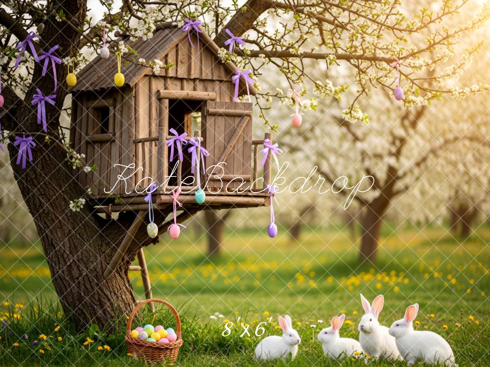 Kate Easter Bunny Treehouse Pastel Eggs Meadow Printed Backdrop Designed by Patty Roberts