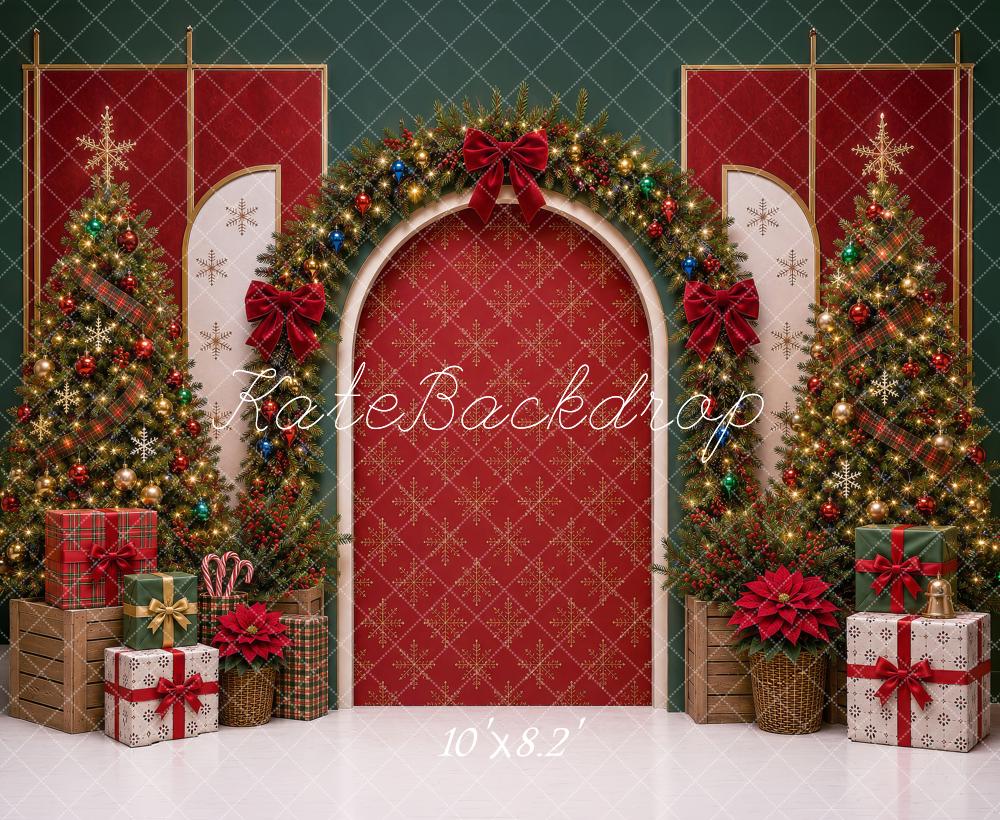 Kate Christmas Red Arch Garland Trees Presents Bow Printed Backdrop Designed by Shutter Swan Studios