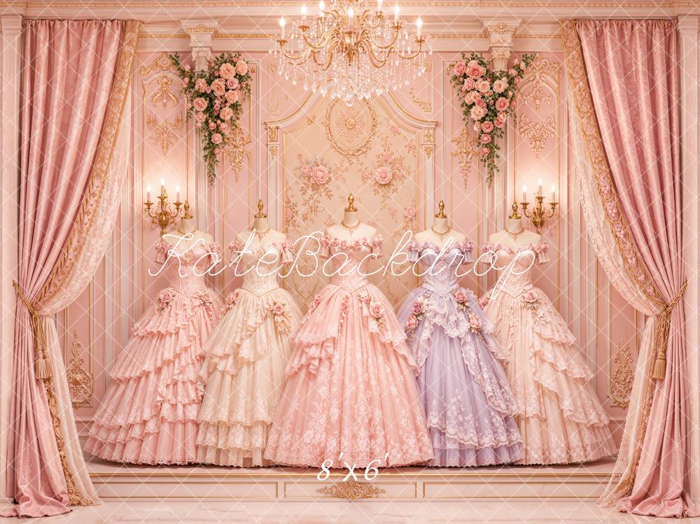Kate Rococo Victorian Gowns Floral Curtains Chandelier Printed Backdrop Designed by Emetselch