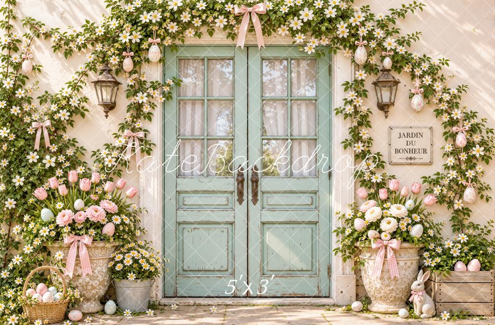 Kate Easter Flower Arch Doorway Bunny Tulips Ivy Printed Backdrop Designed by Emetselch