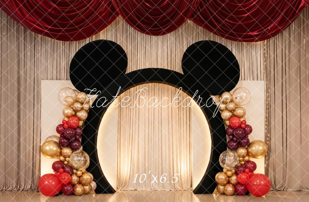 Kate Cake Smash Mouse Ears Balloon Arch Red Gold Drapes Backdrop Designed by Chain Photography