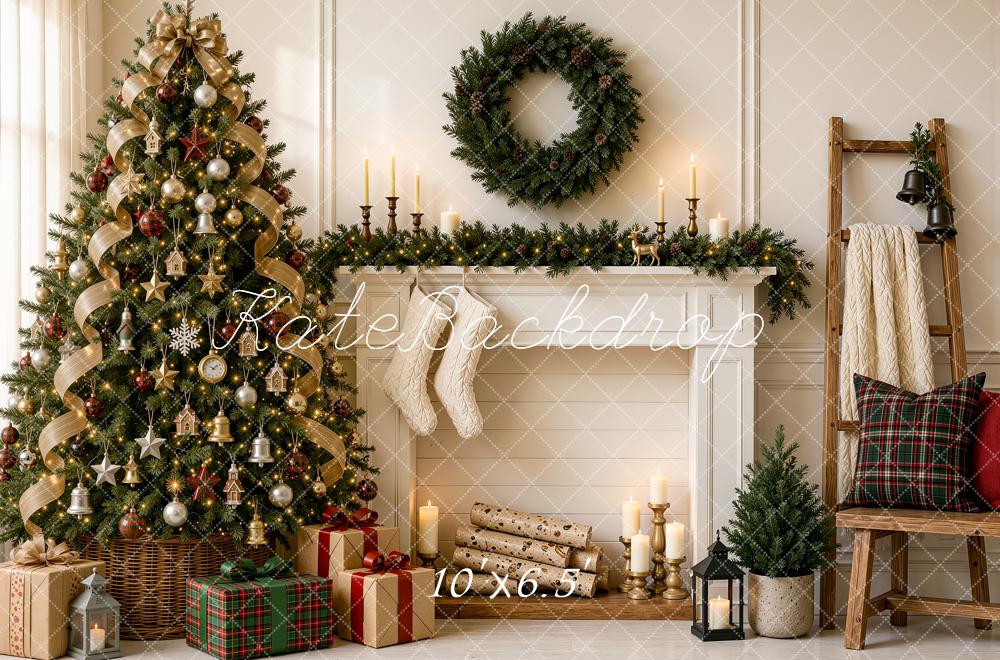 Kate Christmas Tree Fireplace Mantel Wreath Plaid Ladder Printed Backdrop Designed by Shutter Swan Studios