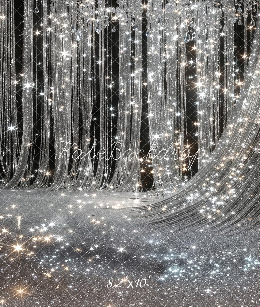 Kate Silver Glitter Crystal Chandelier Drapes Printed Backdrop Designed by Chain Photography