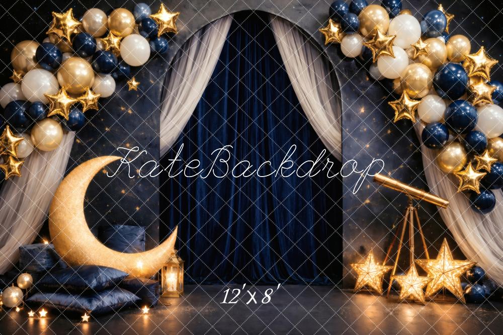 Kate Birthday Moon Stars Balloons Night Sky Curtain Printed Backdrop Designed by Vertigo Productions