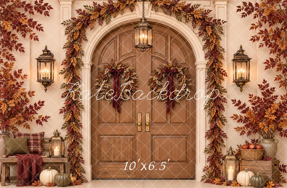 Kate Fall Arched Door Pumpkin Garland Lanterns Printed Backdrop Designed by Emetselch