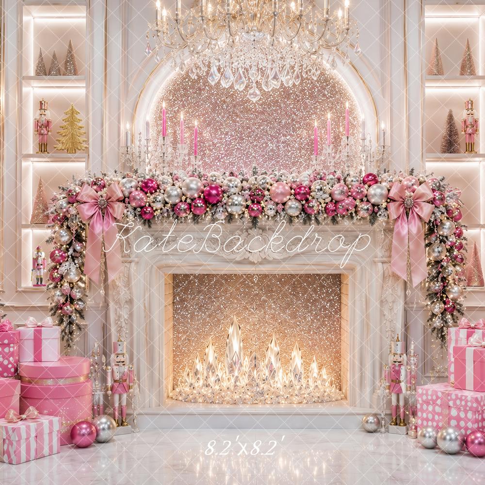 Kate Christmas Luxury Pink Fireplace Chandelier Trees Presents Printed Backdrop Designed by Ashley Paul