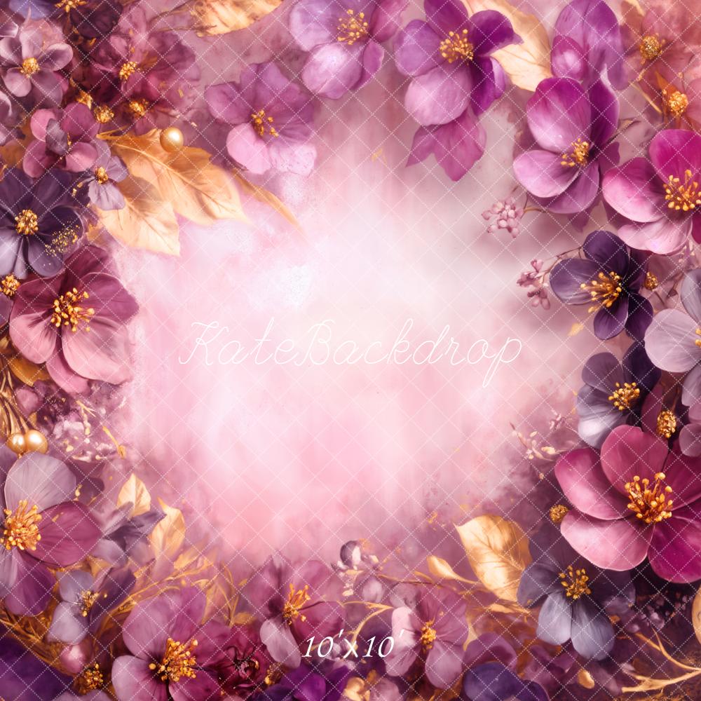 Kate Fine Art Purple Floral Gold Leaves Backdrop Designed by Emetselch