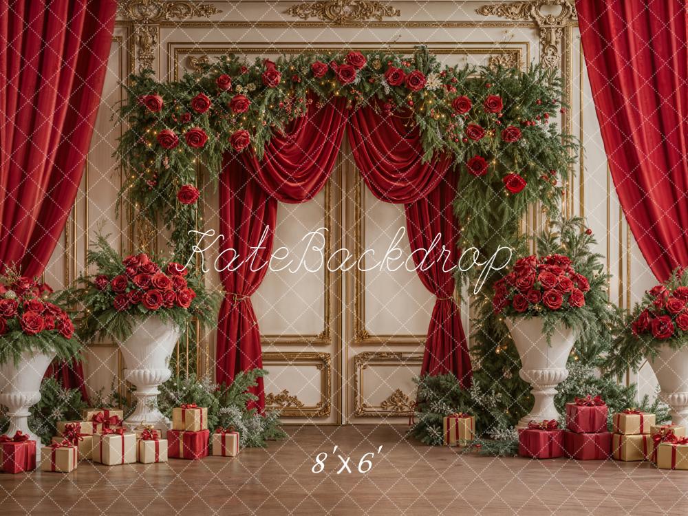 Kate Christmas Red Flower Arch Presents Gold Wall Backdrop Designed by Emetselch