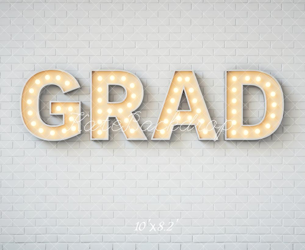 Kate Graduation Grad Marquee Letters White Brick Wall Printed Backdrop Designed by Mini MakeBelieve