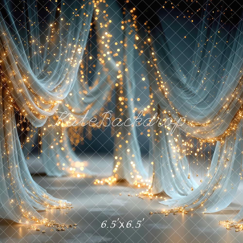 Kate Blue Drapes String Lights Printed Backdrop Designed by Mini MakeBelieve