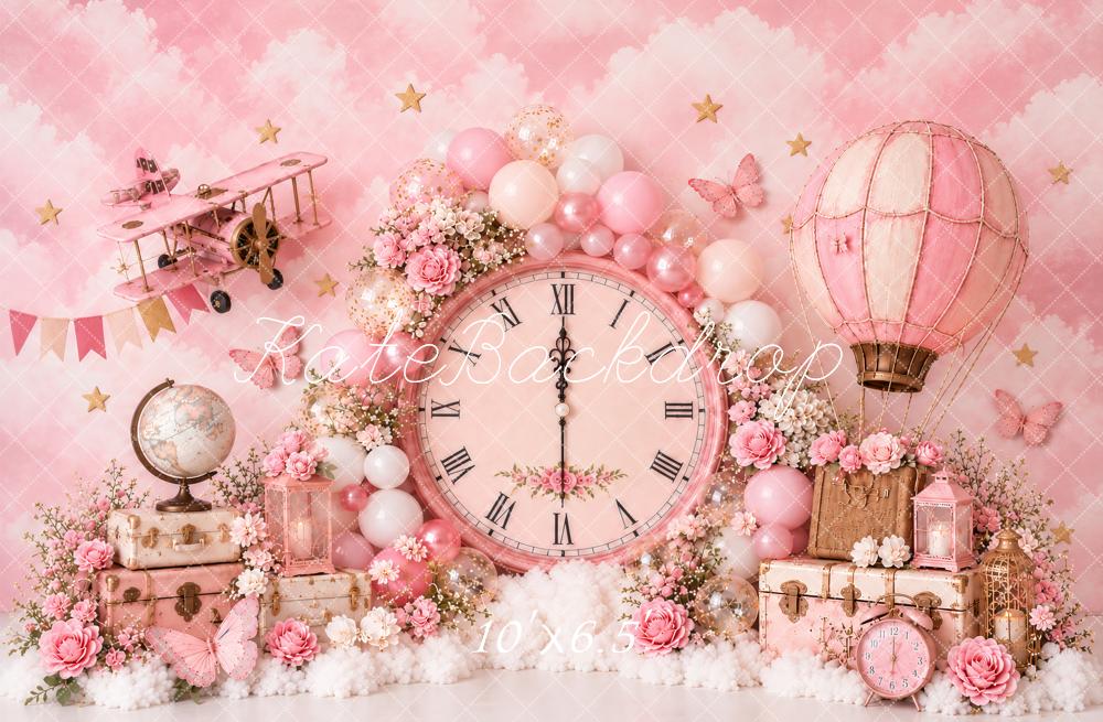 Kate Cake Smash Pink Vintage Clock Floral Hot Air Balloon Travel Printed Backdrop Designed by Ashley Paul