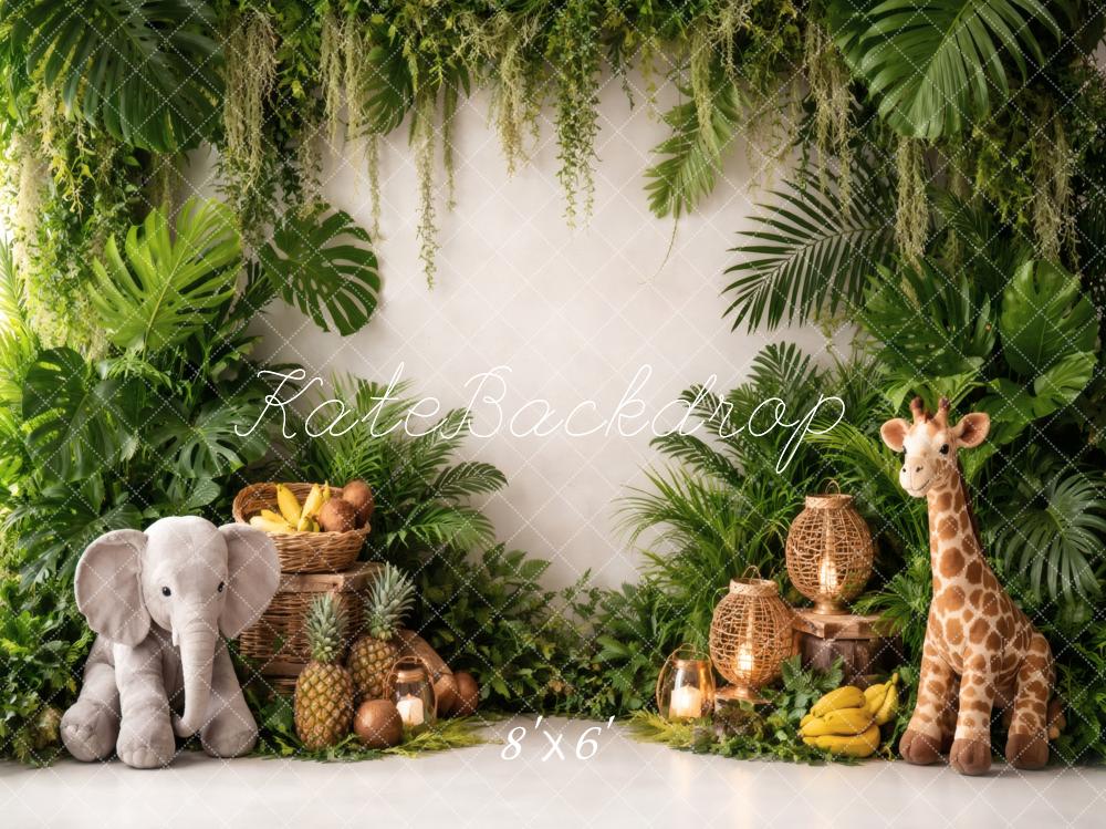 Kate Jungle Greenery Elephant Giraffe Plush Fruit Printed Backdrop Designed by Vertigo Productions