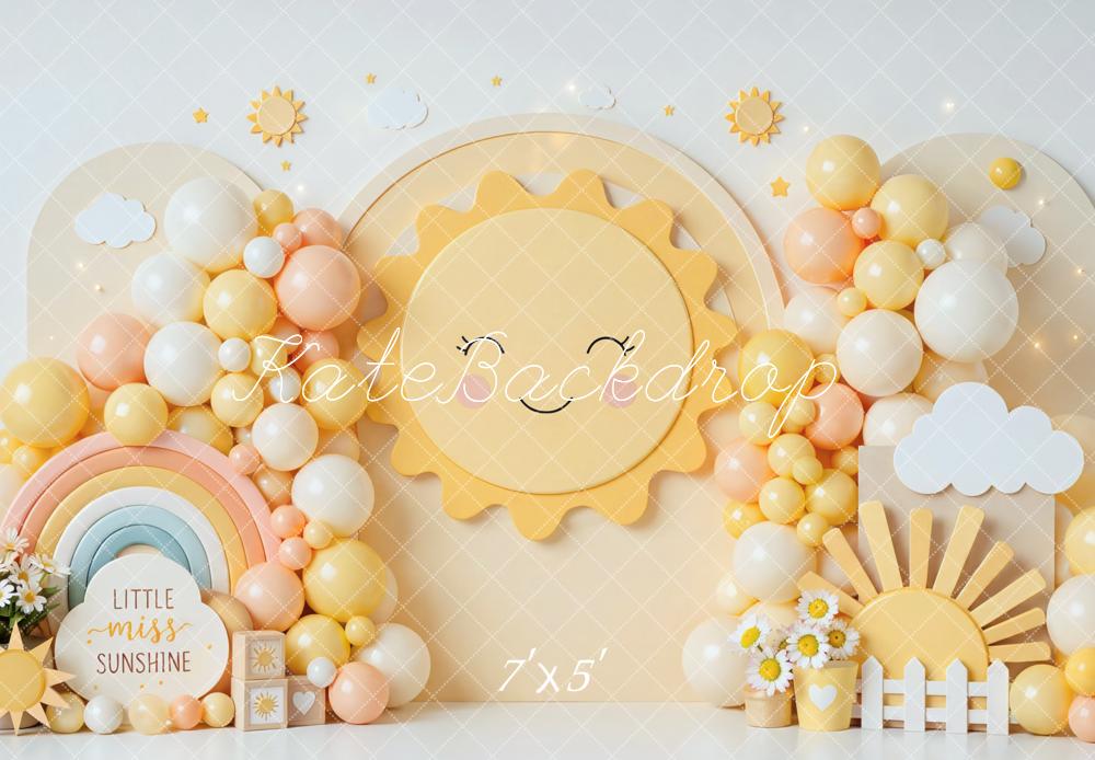 Kate Cake Smash Sunshine Rainbow Balloons Clouds Yellow Printed Backdrop Designed by Mini MakeBelieve