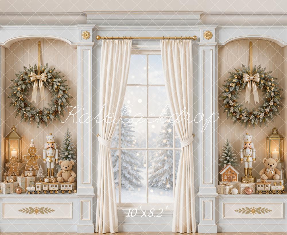 Kate Christmas White Curtains Window Wreath Nutcracker Gingerbread Printed Backdrop Designed by Emetselch