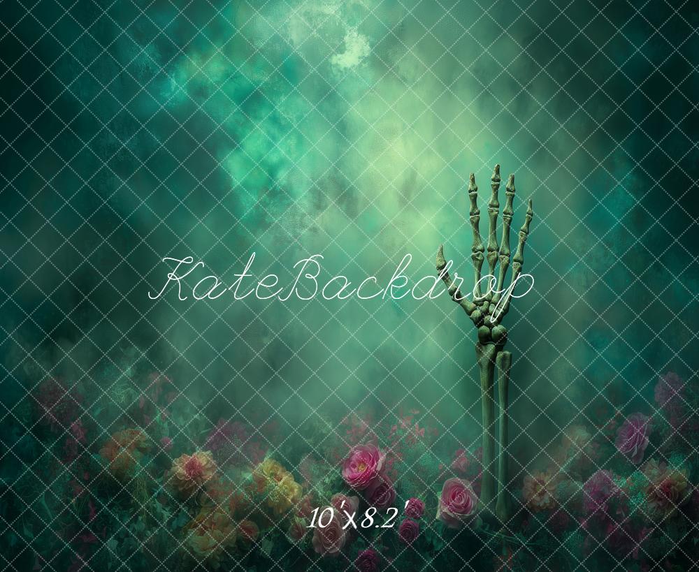 Kate Halloween Skeleton Hand Green Mist Floral Fog Printed Backdrop Designed by Angela Miller